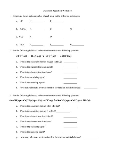 oxidation and reduction worksheet with answers pdf class 10